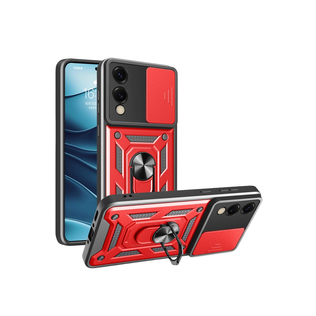 Halka tutuculu kırmızı ve siyah telefon kılıfları, biri açık ekranlı.