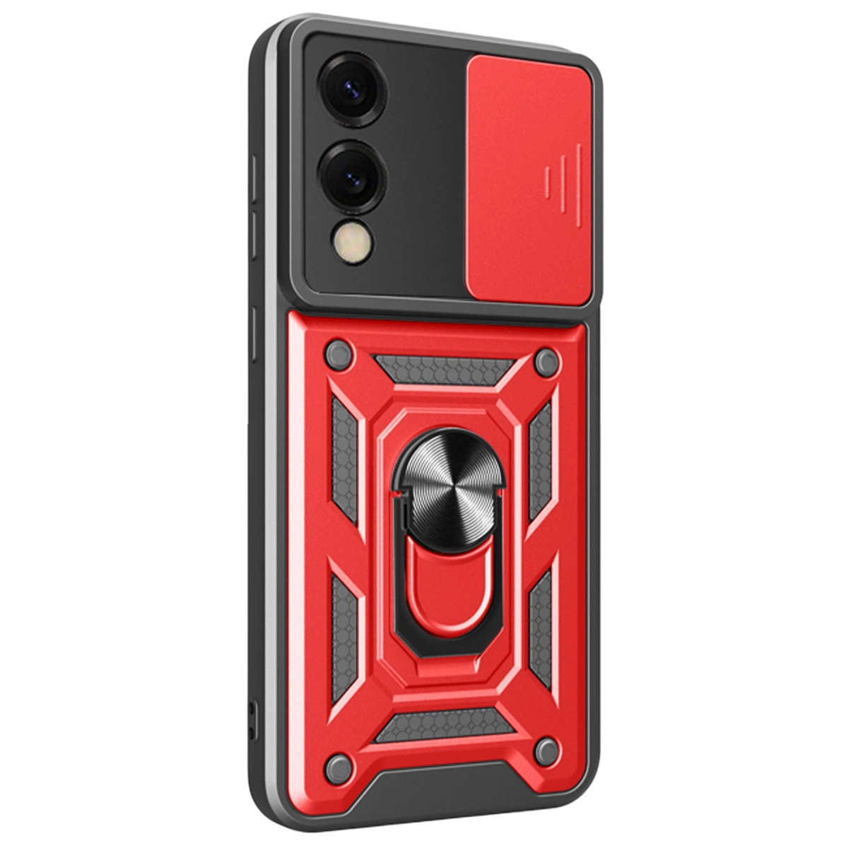 Kamera kapaklı ve halka tutuculu kırmızı ve siyah telefon kılıfı.