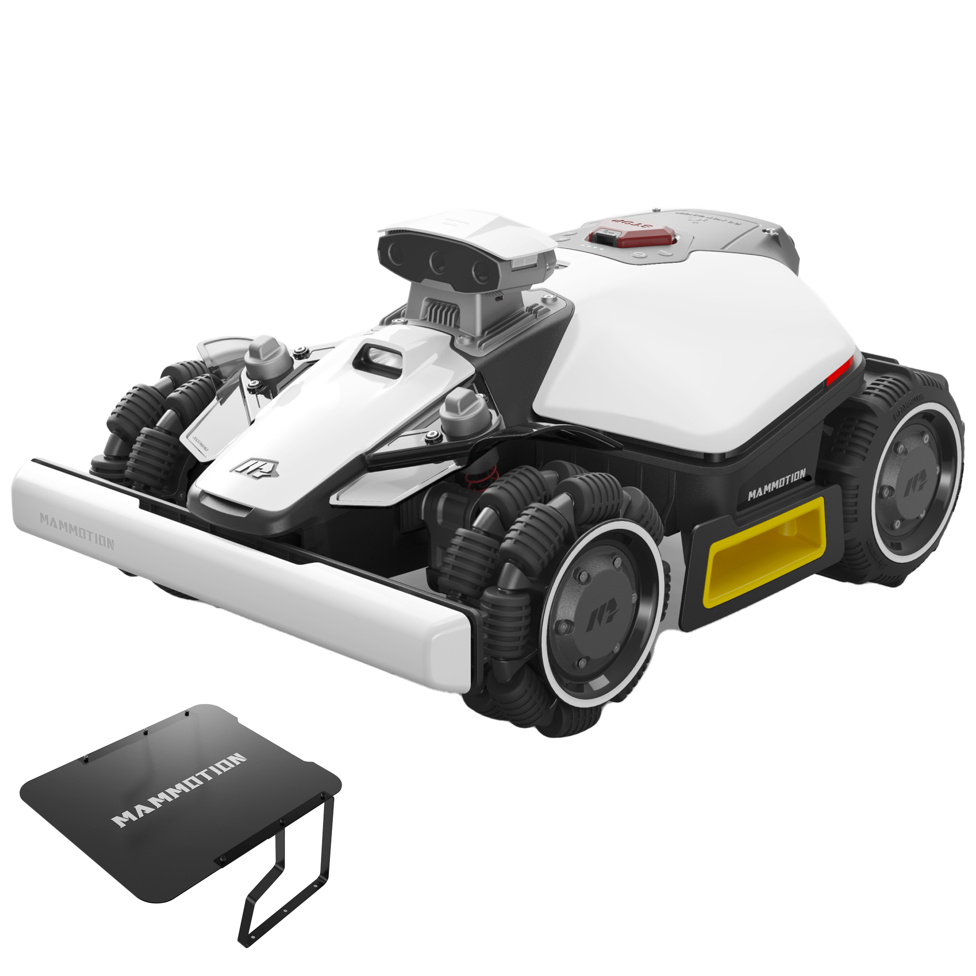 Ein weißer und schwarzer Roboter mit gelben Akzenten und Rädern. Daneben ein schwarzer Tisch.