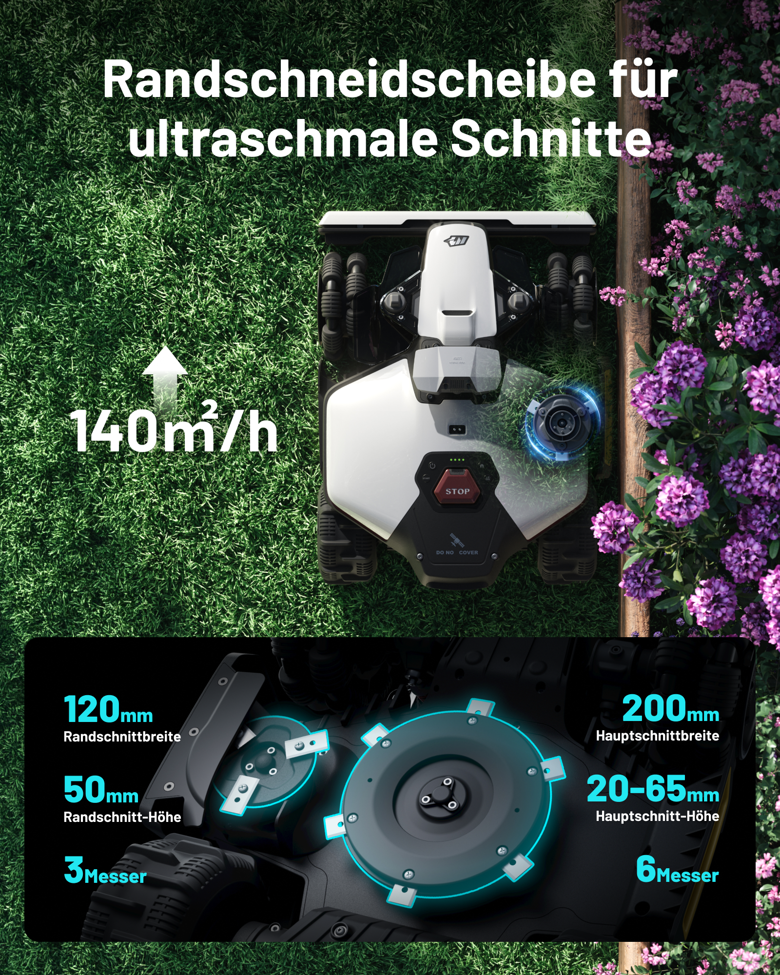 Ein Rasenmähroboter mit detaillierten Schnittspezifikationen und 140m²/h Leistung.