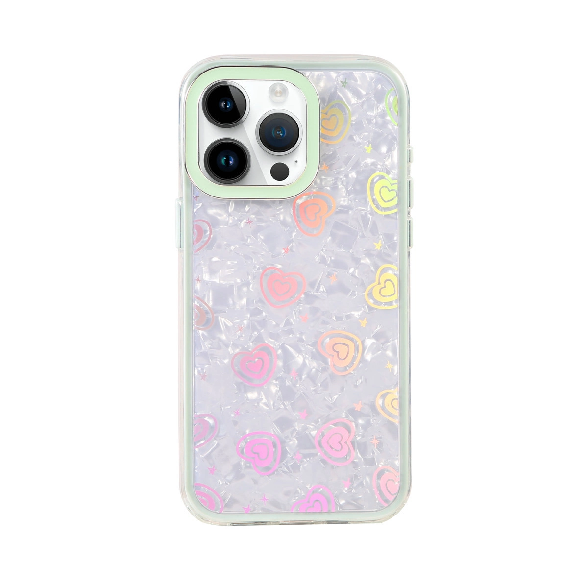 Kalp desenli ve kamera kesimli iPhone kılıfı, beyaz zeminde.