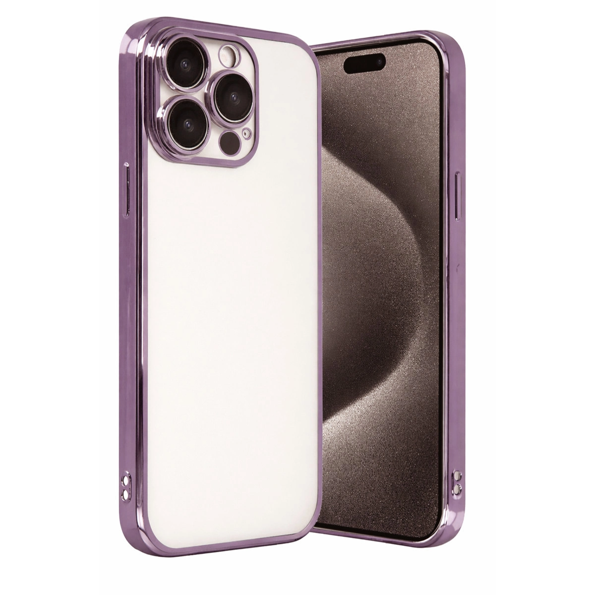 Mor iPhone kılıfı, beyaz arka ve kameralı.