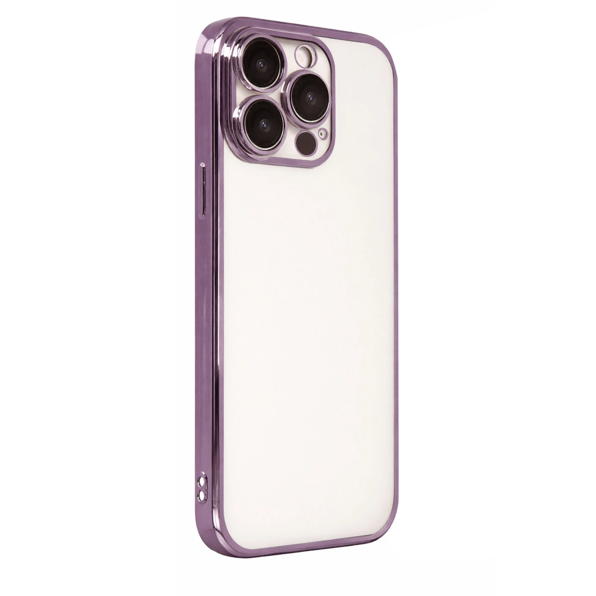 Beyaz arka plan üzerinde üç kameralı mor iPhone kılıfı.
