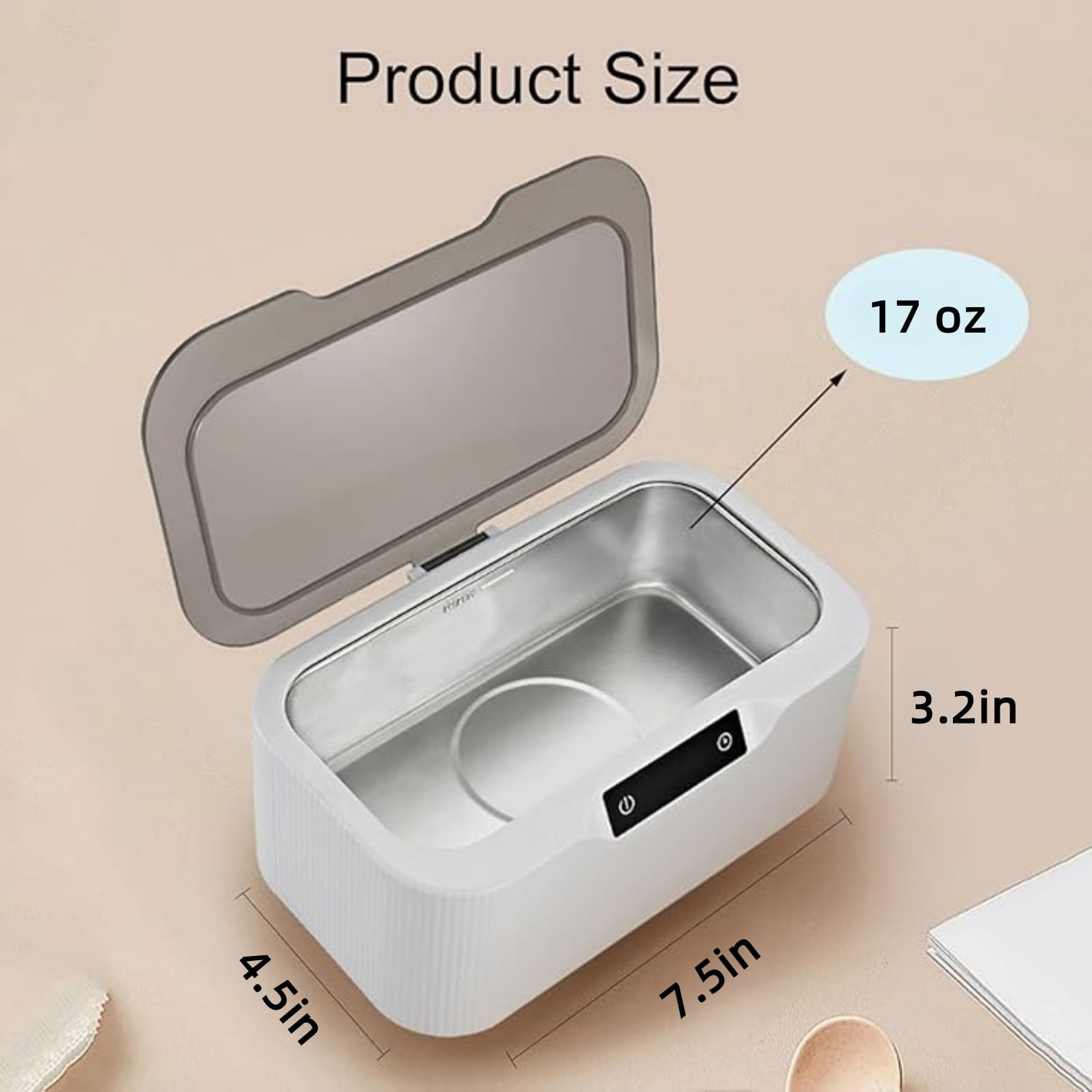 Weier Ultraschallreiniger, 19cm L x 11,4cm B x 8,1cm H, 500ml Fassungsvermgen.