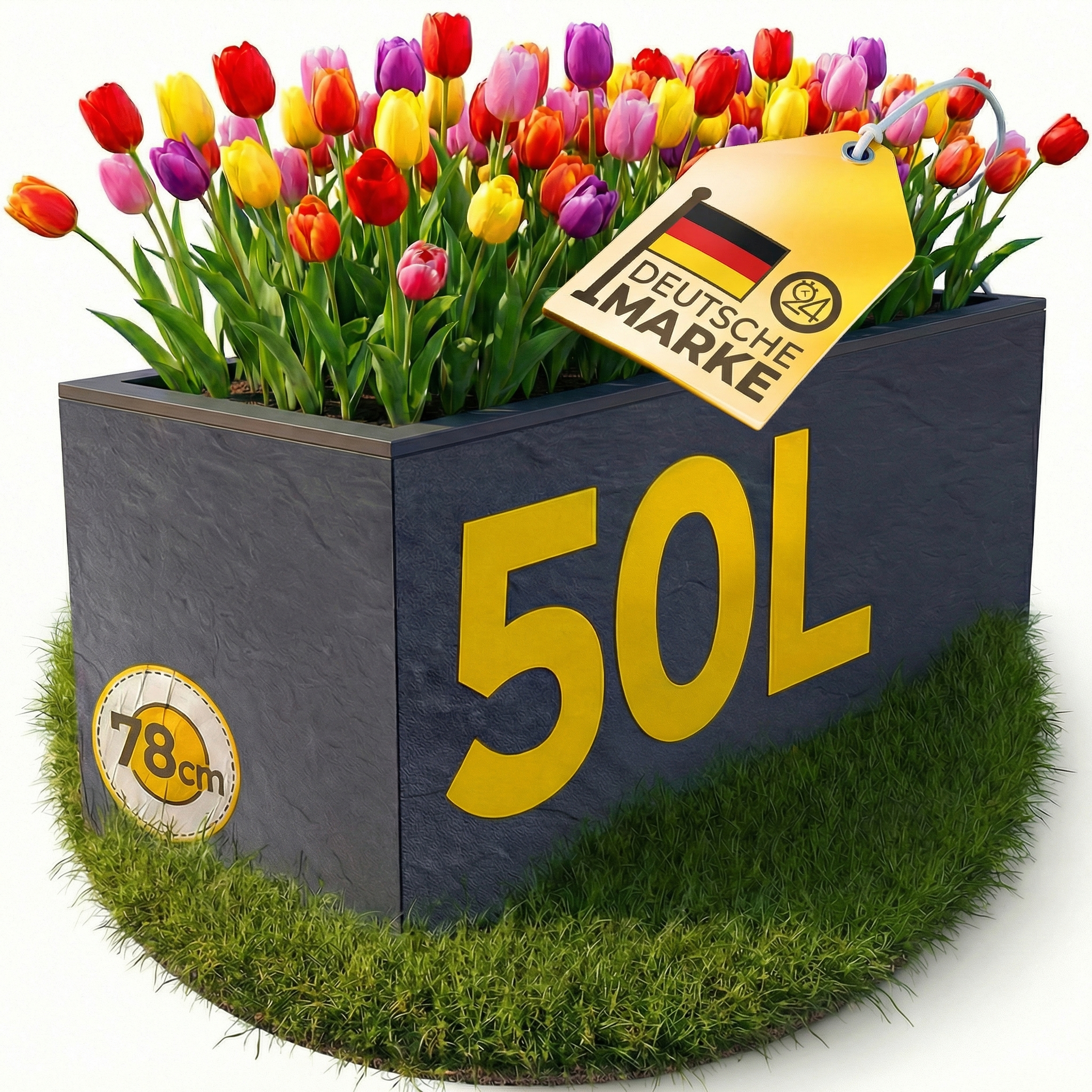Ein grauer Topf mit bunten Tulpen, markiert mit '50L' und 'Deutsche Marke'.