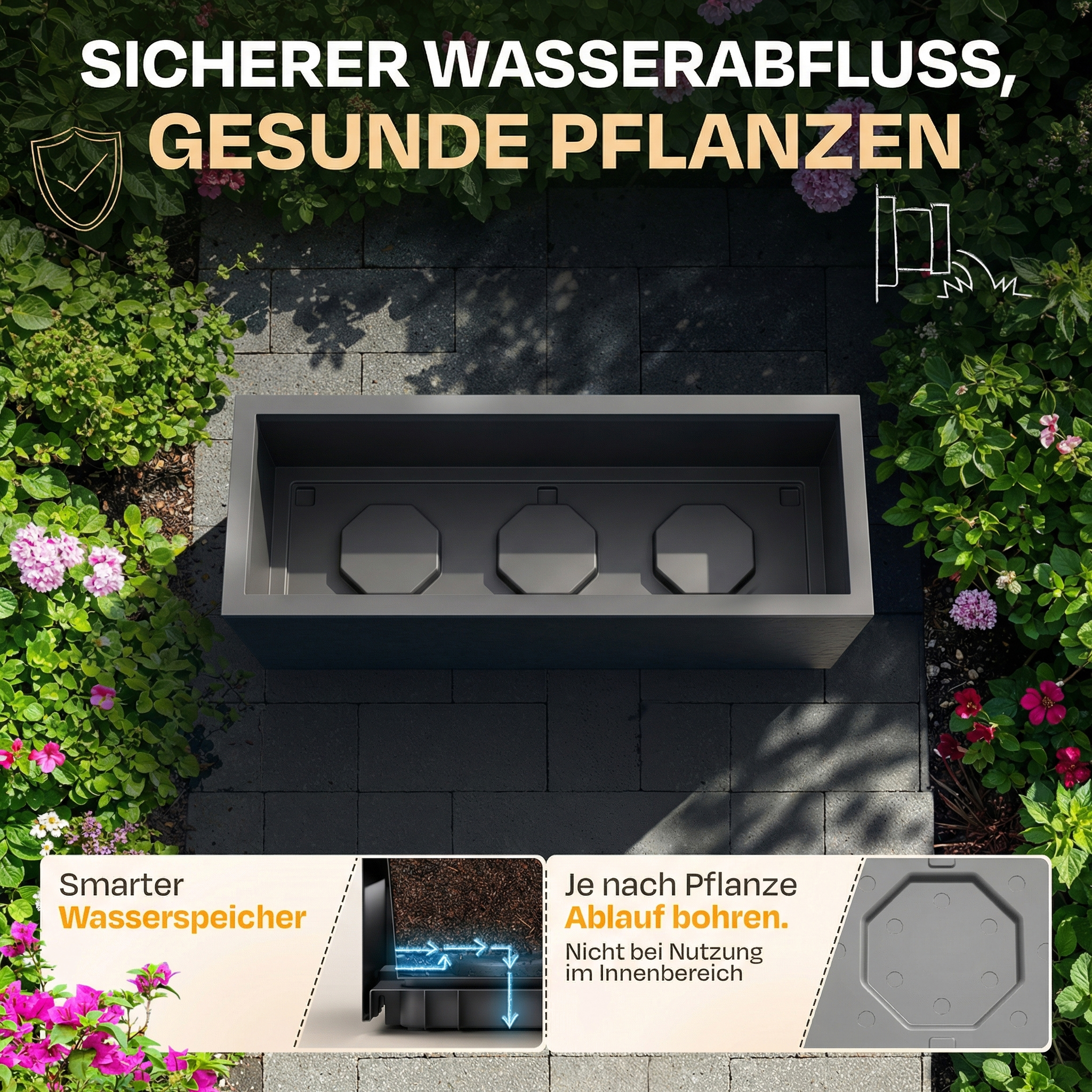 Grauer Pflanzkasten mit Bewässerungssystem, umgeben von grünen Pflanzen.