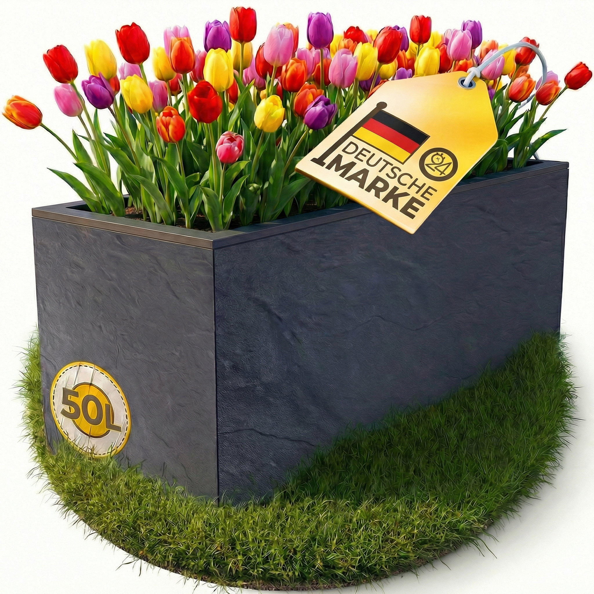 Bunter Tulpenstrauß in einem dunklen Topf mit deutscher Markenanhänger und 50L-Aufkleber.