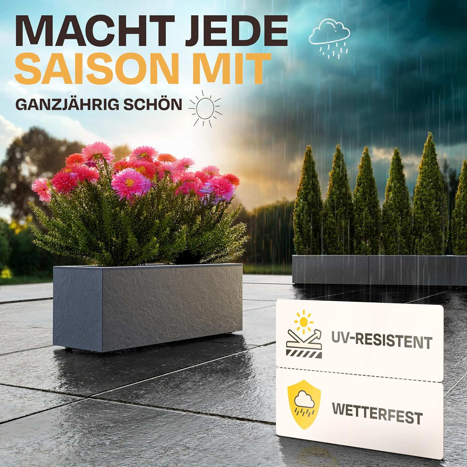 Pflanzgefäß mit bunten Blumen vor regnerischem Himmel und Sonne.