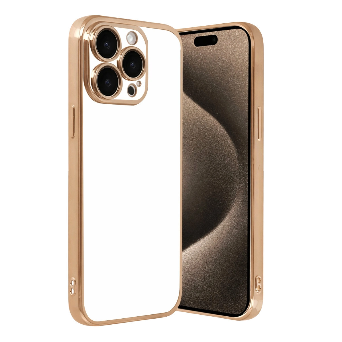 Üç kameralı, ekran kesimli altın rengi iPhone kılıfı.