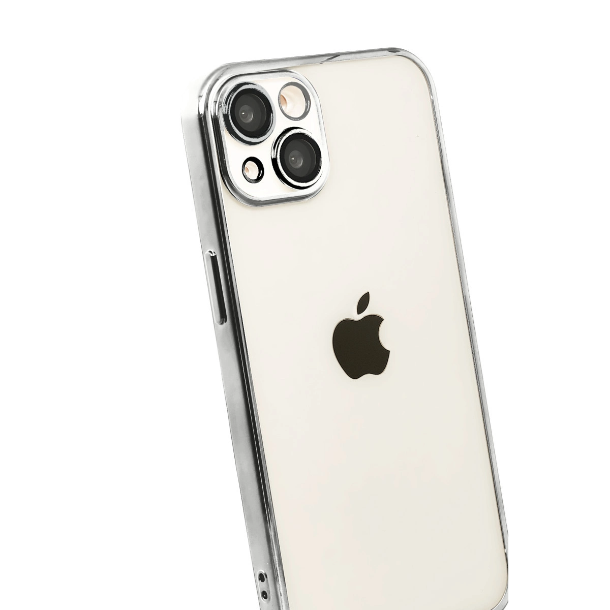 Gümüş çerçeveli ve kamera modüllü şeffaf iPhone kılıfının arkası.