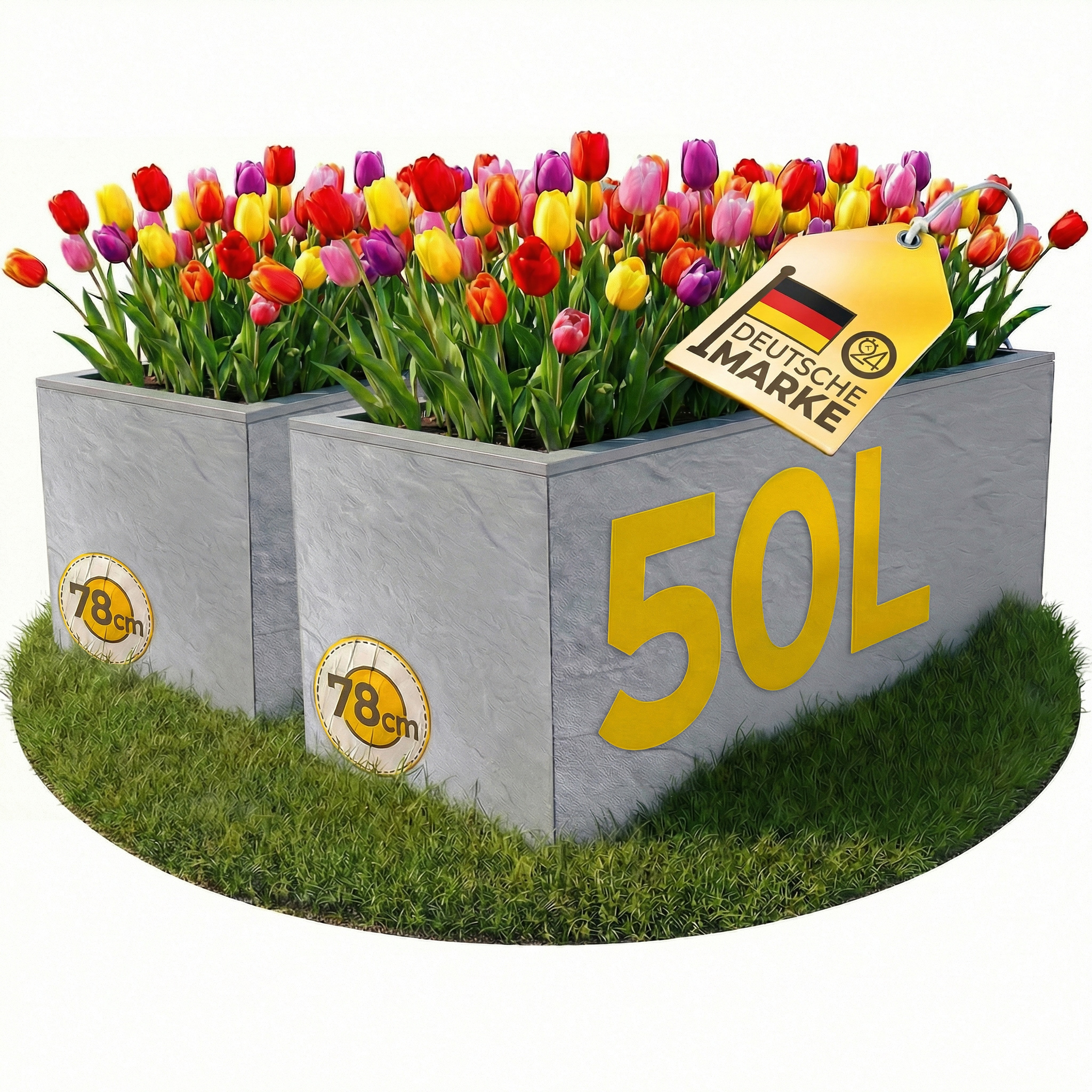 Zwei graue Pflanzkübel mit bunten Tulpen, einem deutschen Markenschild und der Angabe 50L.