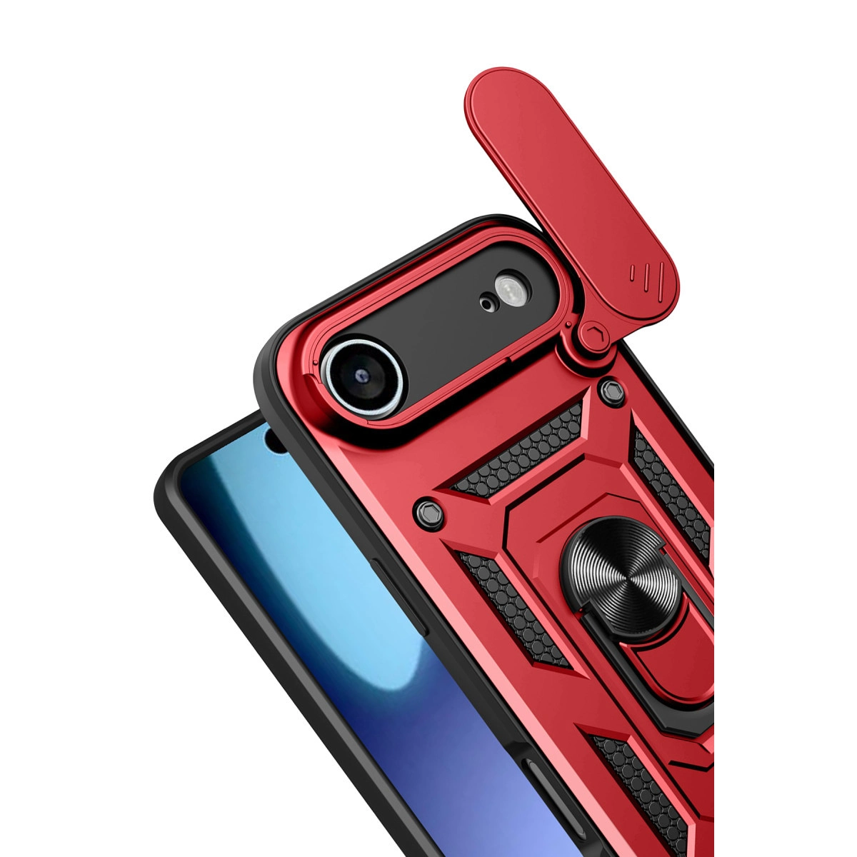 Kamera kapaklı ve halka tutuculu kırmızı telefon kılıfı.
