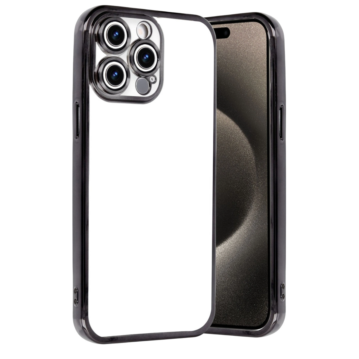 Dört kamera lensli siyah iPhone kılıfı.