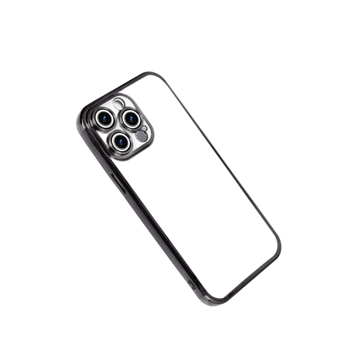 Siyah kenarlı ve kamera lens detaylı şeffaf telefon kılıfı.