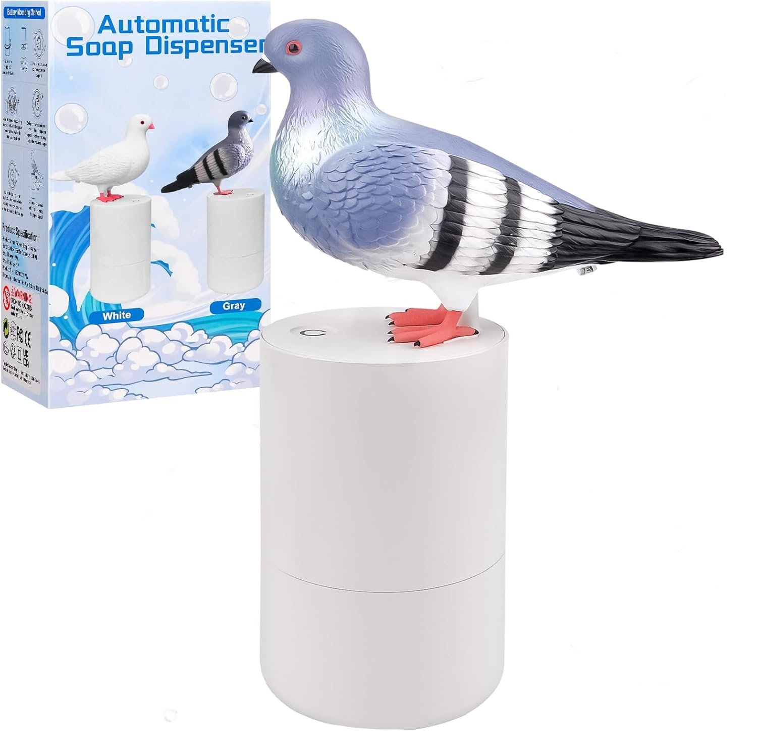 Ein automatischer Seifenspender in Form einer Taube steht auf einem weißen Sockel.