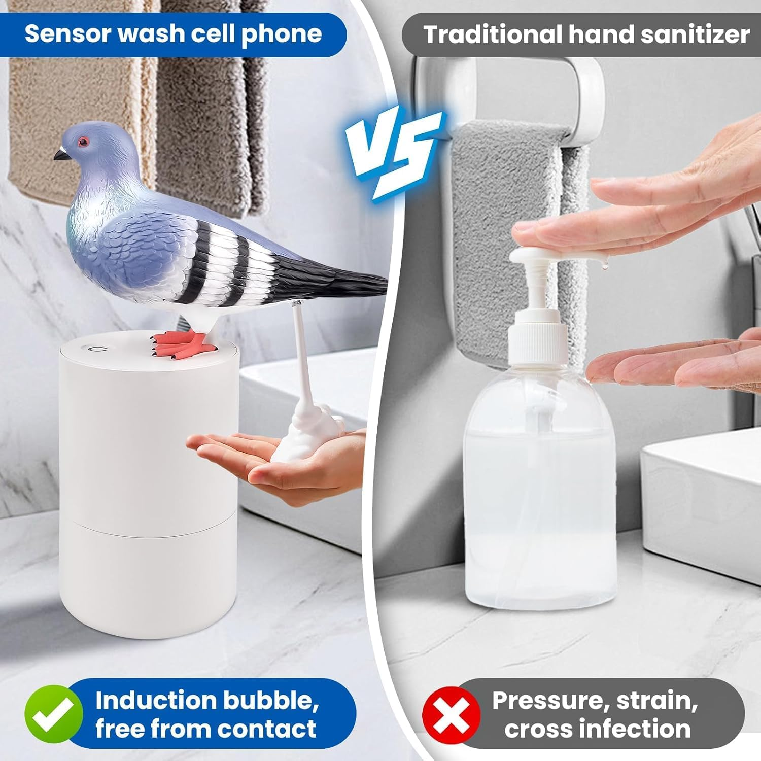 Vergleich: Sensor-Seifenspender mit Taube gegen traditionellen Handdesinfizierer.
