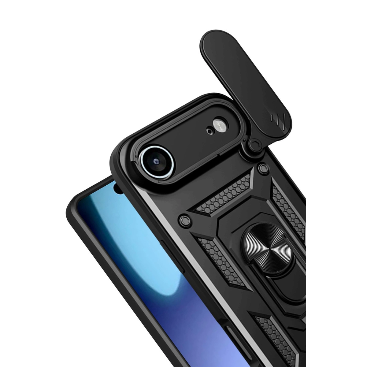 Kamera korumalı ve halka tutuculu siyah telefon.