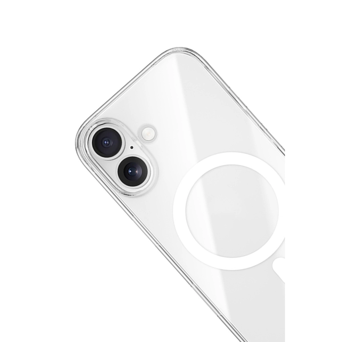 Şeffaf kılıflı beyaz iPhone'un arkası, çift kamera lensli.