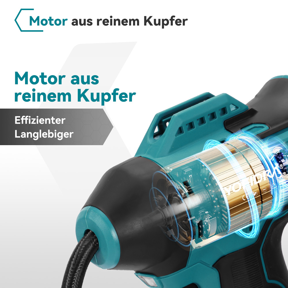 Primer plano de un motor de herramienta de cobre puro con anillos azules brillantes. Texto: Motor de cobre puro.