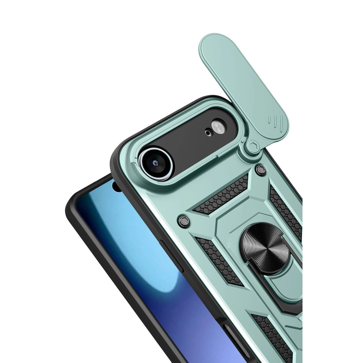 Kameralı ve halkalı stantlı teal akıllı telefon kılıfı beyaz arka planda.