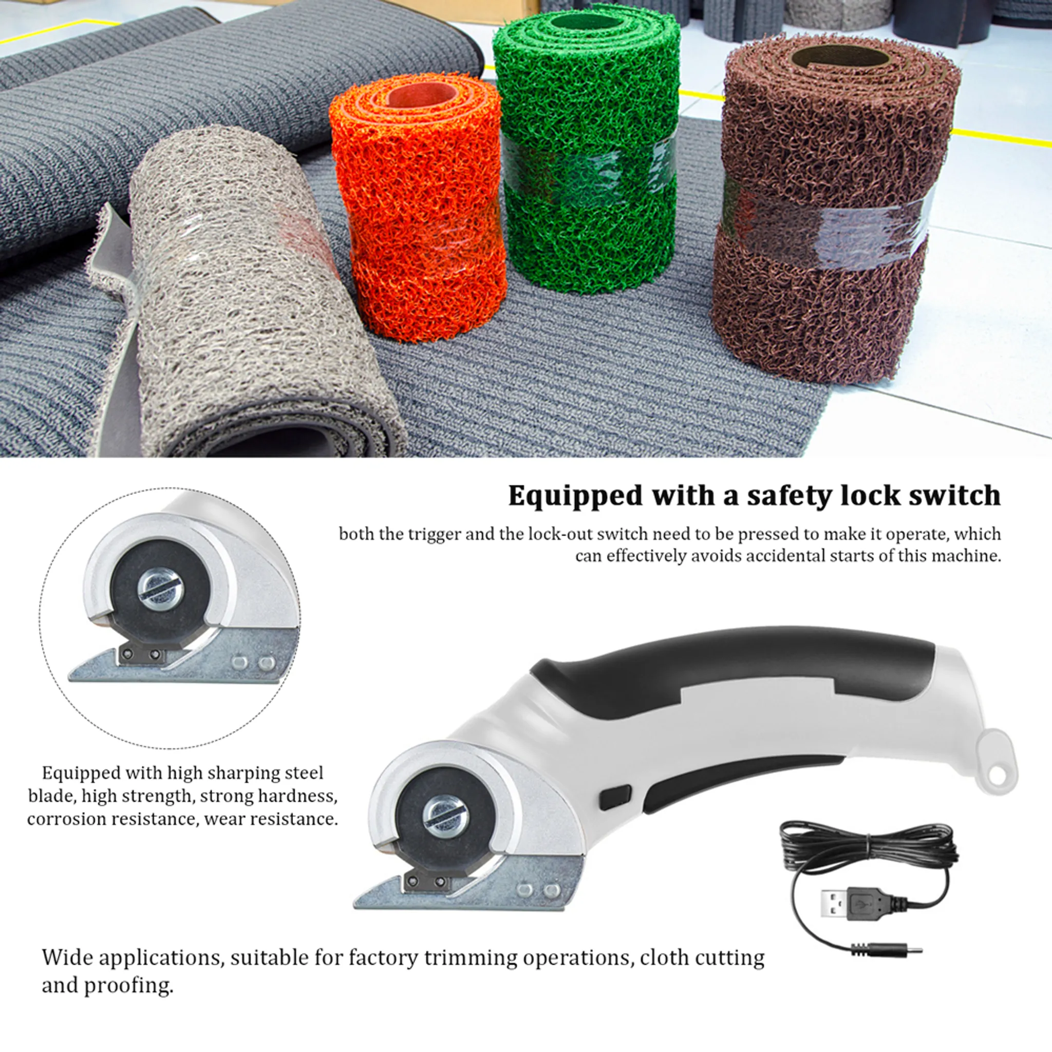 Rollengroßhandel: Grau, Orange, Grün, Braun. Elektrischer Stoffschneider mit USB-Kabel.