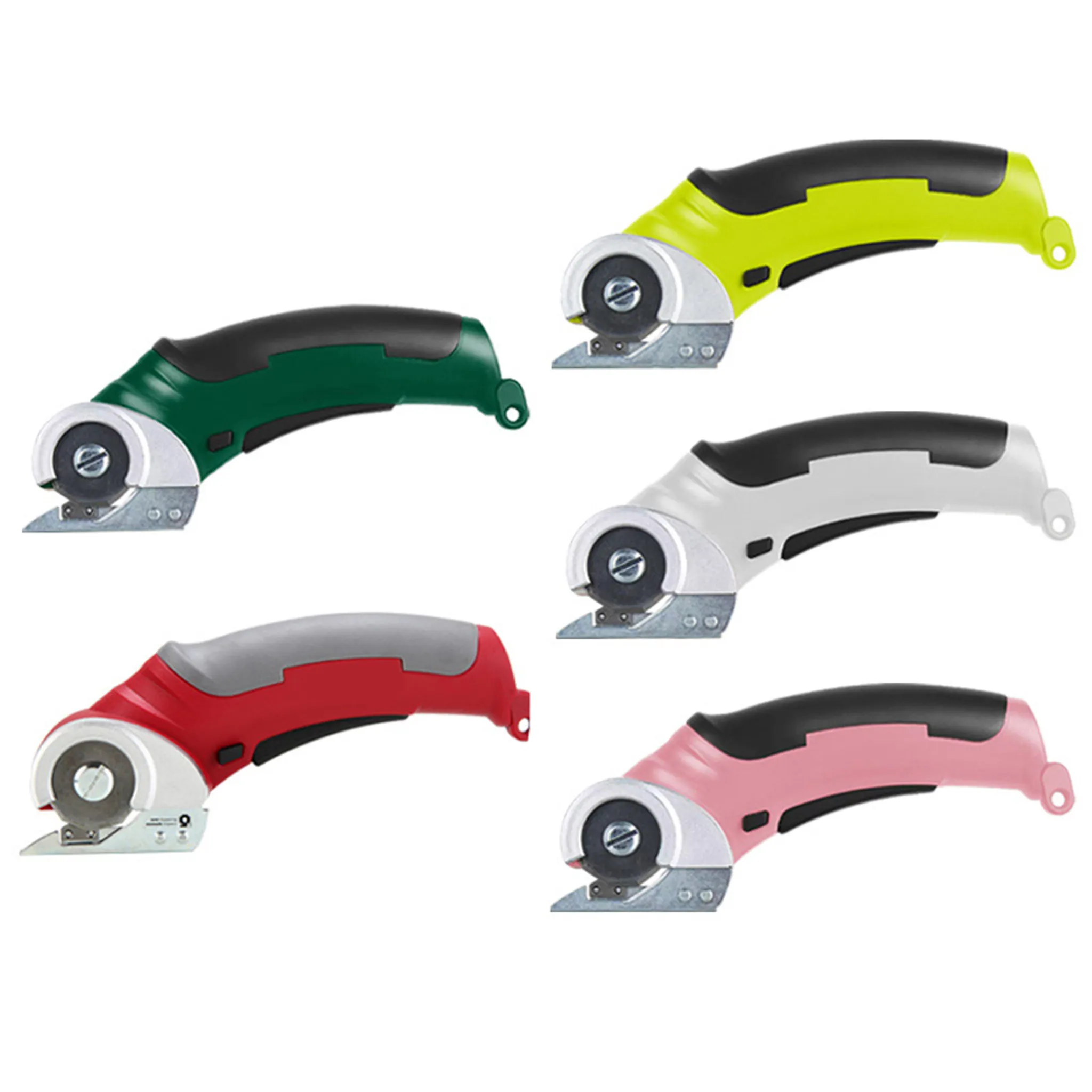 Fünf elektrische Rollschneider in Grün, Gelb, Weiß, Rot und Pink mit schwarzen Griffen.