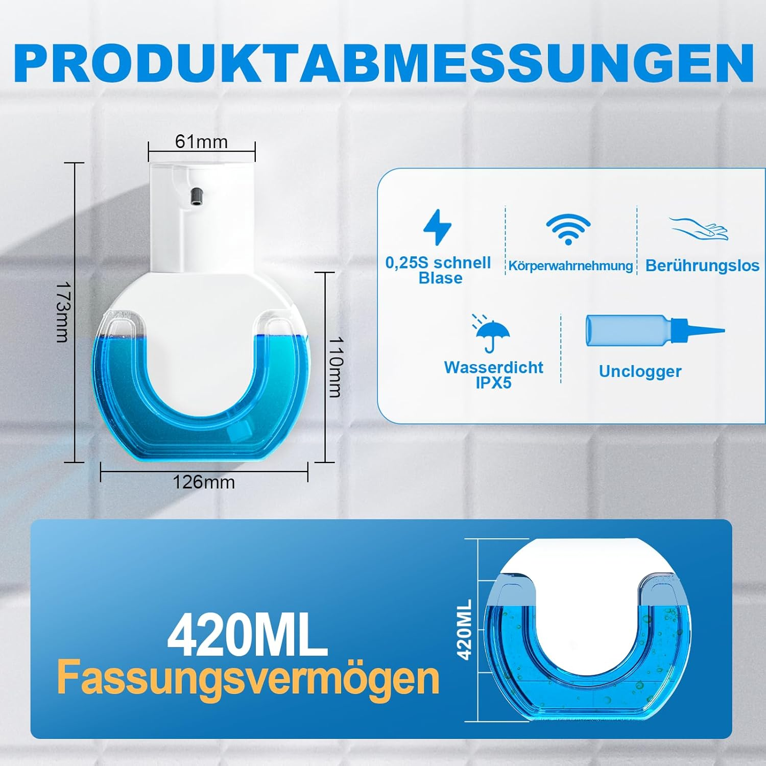 Ein weißer Seifenspender mit blauer Flüssigkeit, Maße und Funktionen.