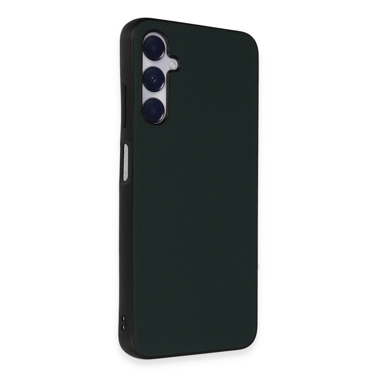Üç kamera lensli ve flaşlı koyu yeşil telefon kılıfı.