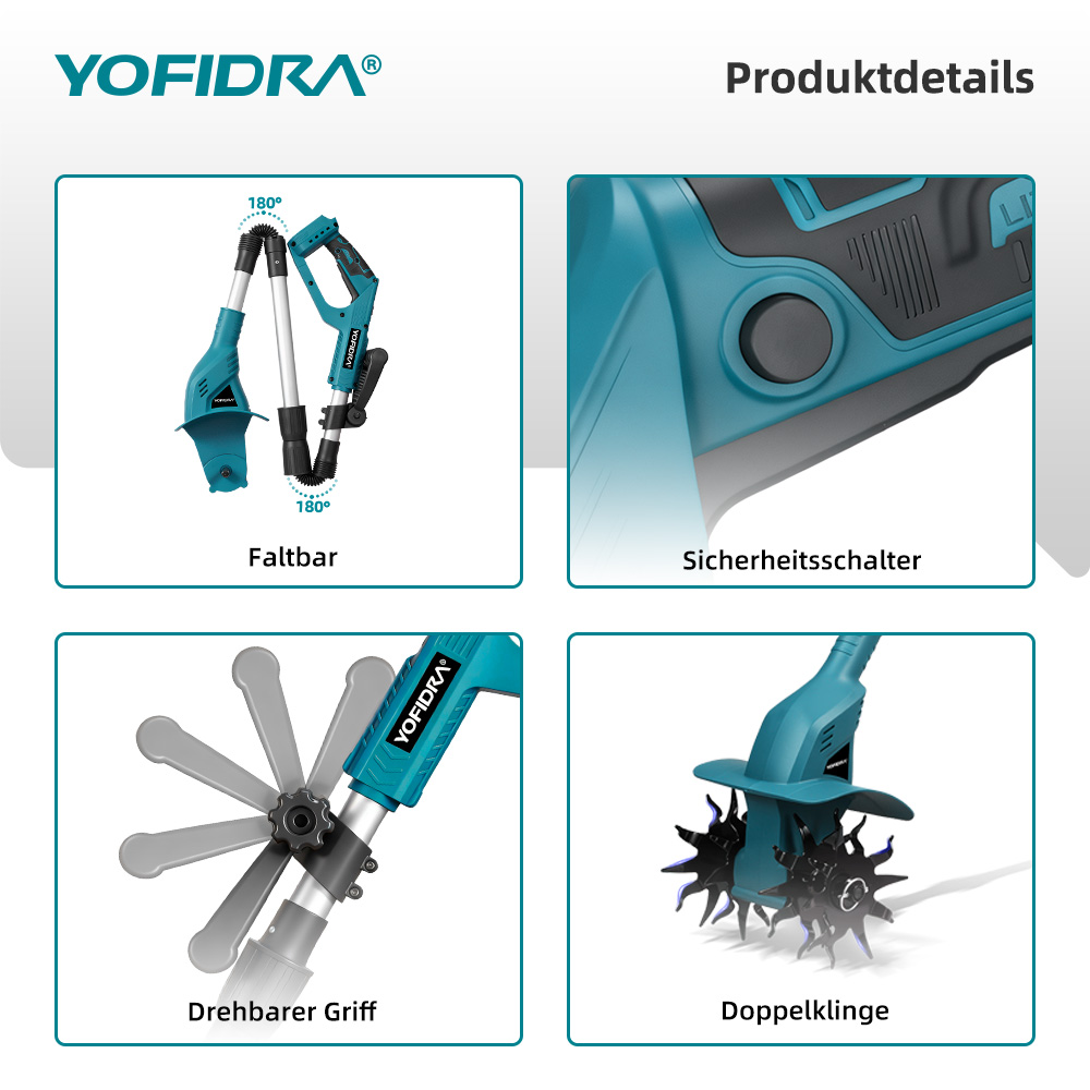 Cuatro imágenes del producto muestran un recortador de césped plegable, interruptor de seguridad y doble hoja.