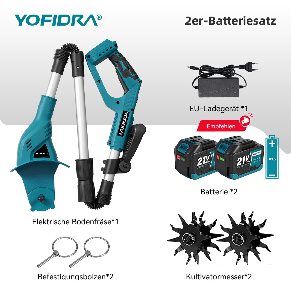 Yofidra Elektrik Bodenfräse mit Ladegerät, 2 Akkus, 2 Bolzen und 2 Messern.