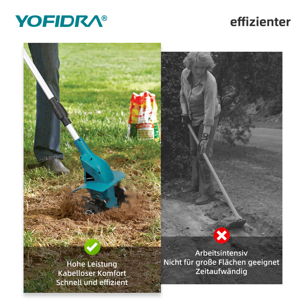 Comparación de herramientas de jardín: izquierda una motoazada eléctrica, derecha una azada manual.
