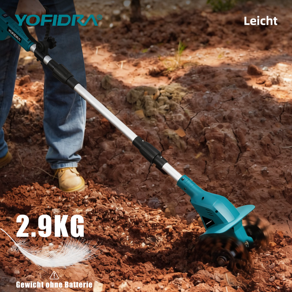 Persona usando una cultivadora eléctrica verde azulado en tierra seca. Texto: "2,9 kg".