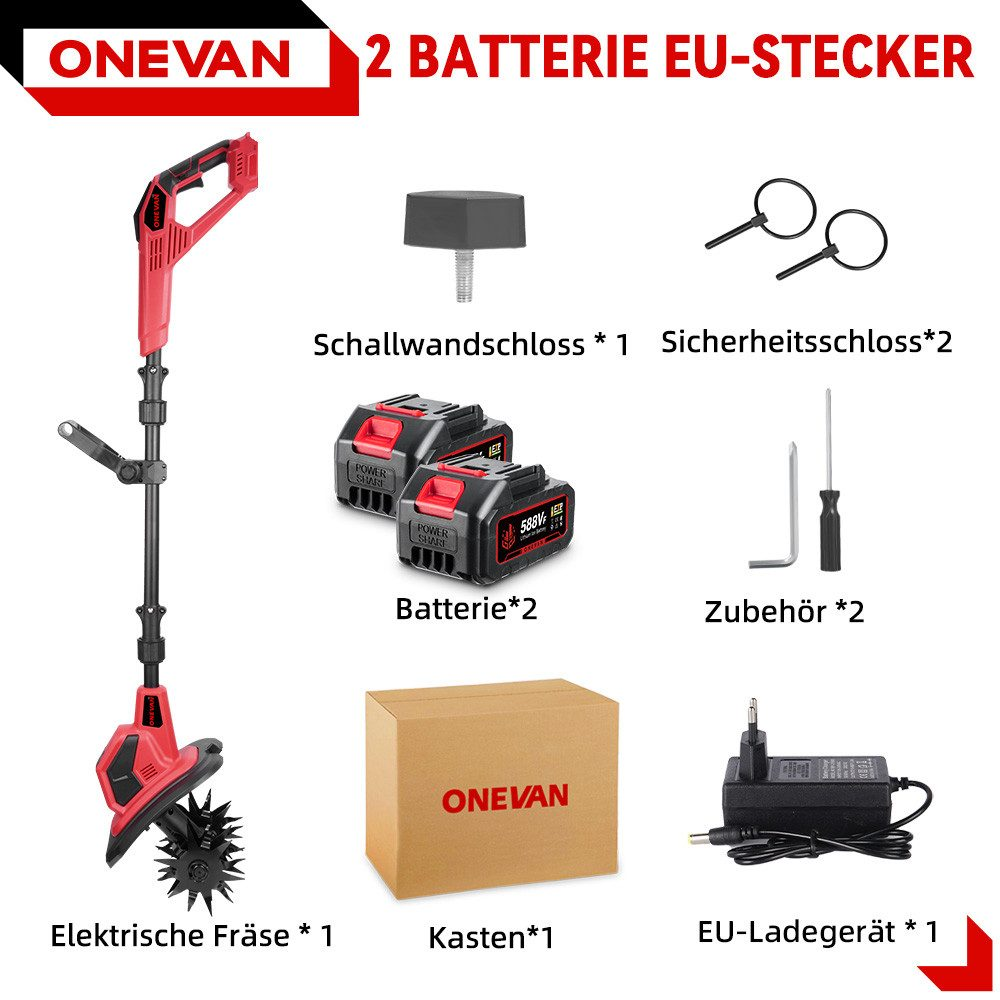 Ein Elektrorasenmäher mit Zubehör: 2 Akkus, Ladegerät, Werkzeug und Kasten.