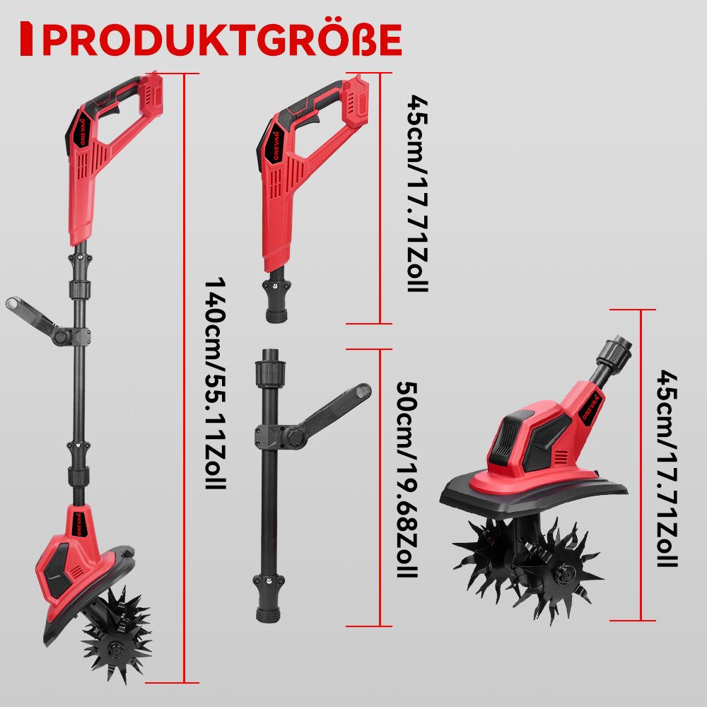 Roter Rasenmäher mit Maßen auf grauem Hintergrund.