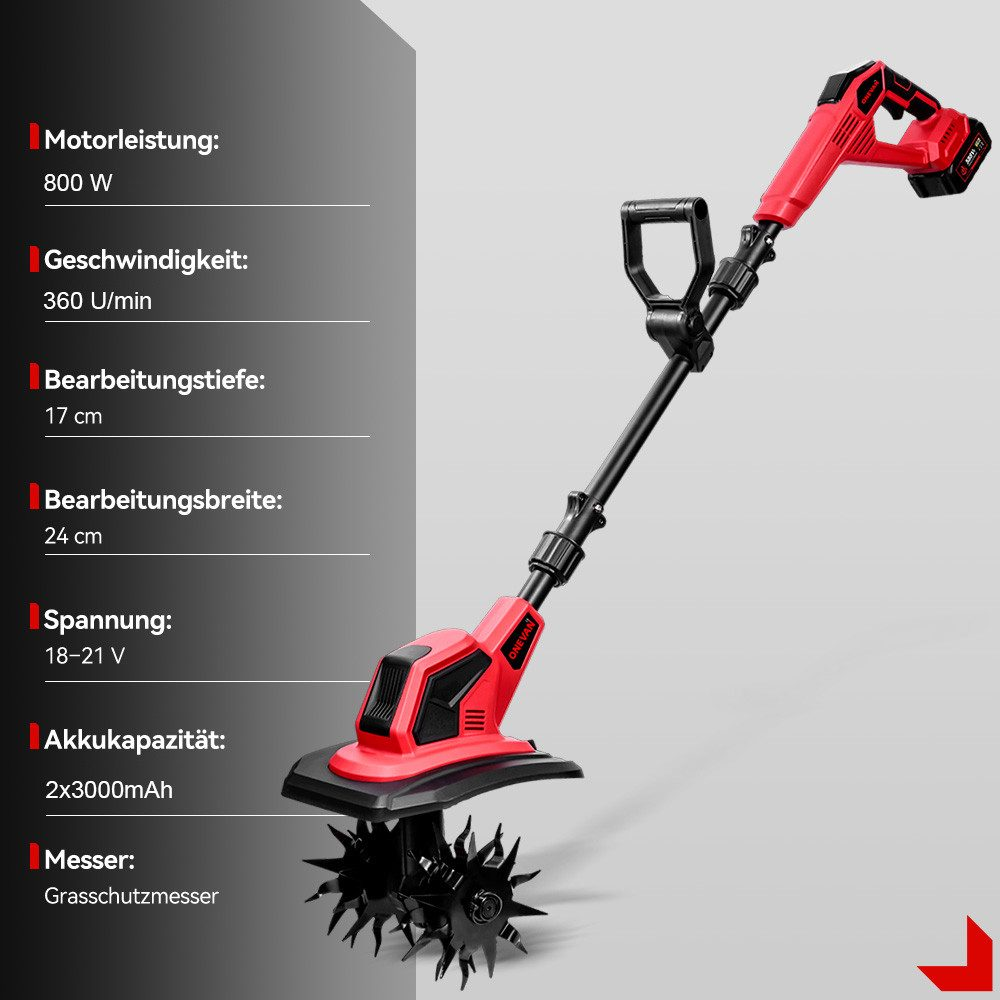 Ein roter und schwarzer Akku-Grubber mit technischen Details daneben.