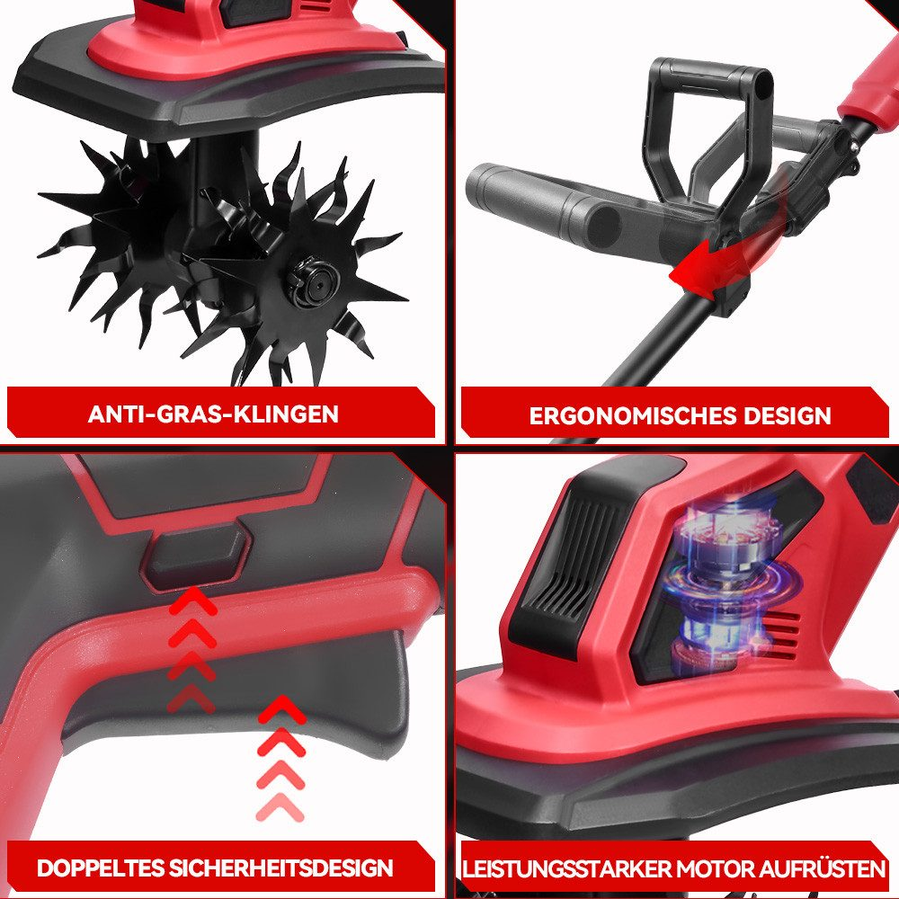 Vier Detailaufnahmen eines Rasentrimmers: Klingen, Griff, Sicherheitsschalter und Motor.