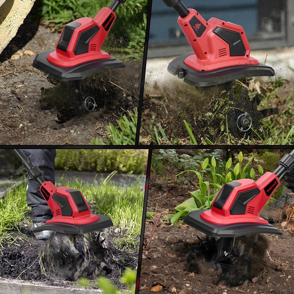 Rote Gartenfräse lockert Erde in vier Szenarien.