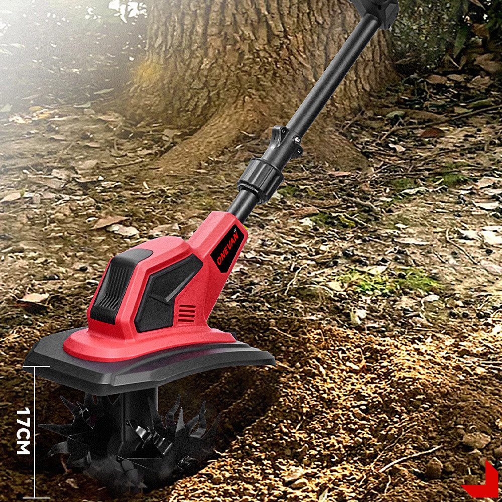 Rote Elektrosense mit rotierenden Klingen im Boden, neben einem Baum.