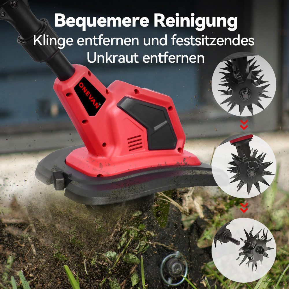 Roter Rasentrimmer, der Unkraut entfernt. Drei Aufsätze sind abgebildet.