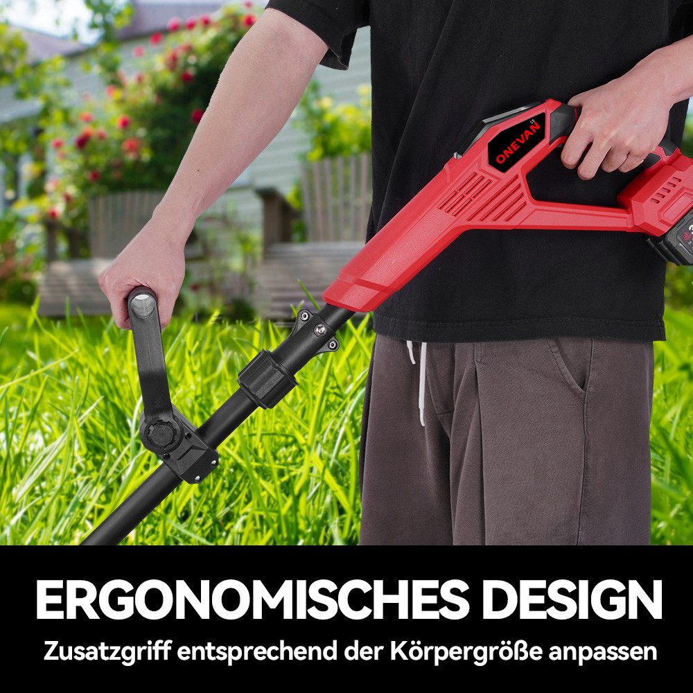 Person hält einen roten Rasentrimmer mit Zusatzgriff im Garten.