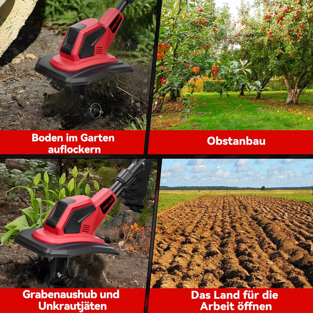 Vier Bilder zeigen einen roten Gartenhäcksler, Bodenbearbeitung und Obstbäume.