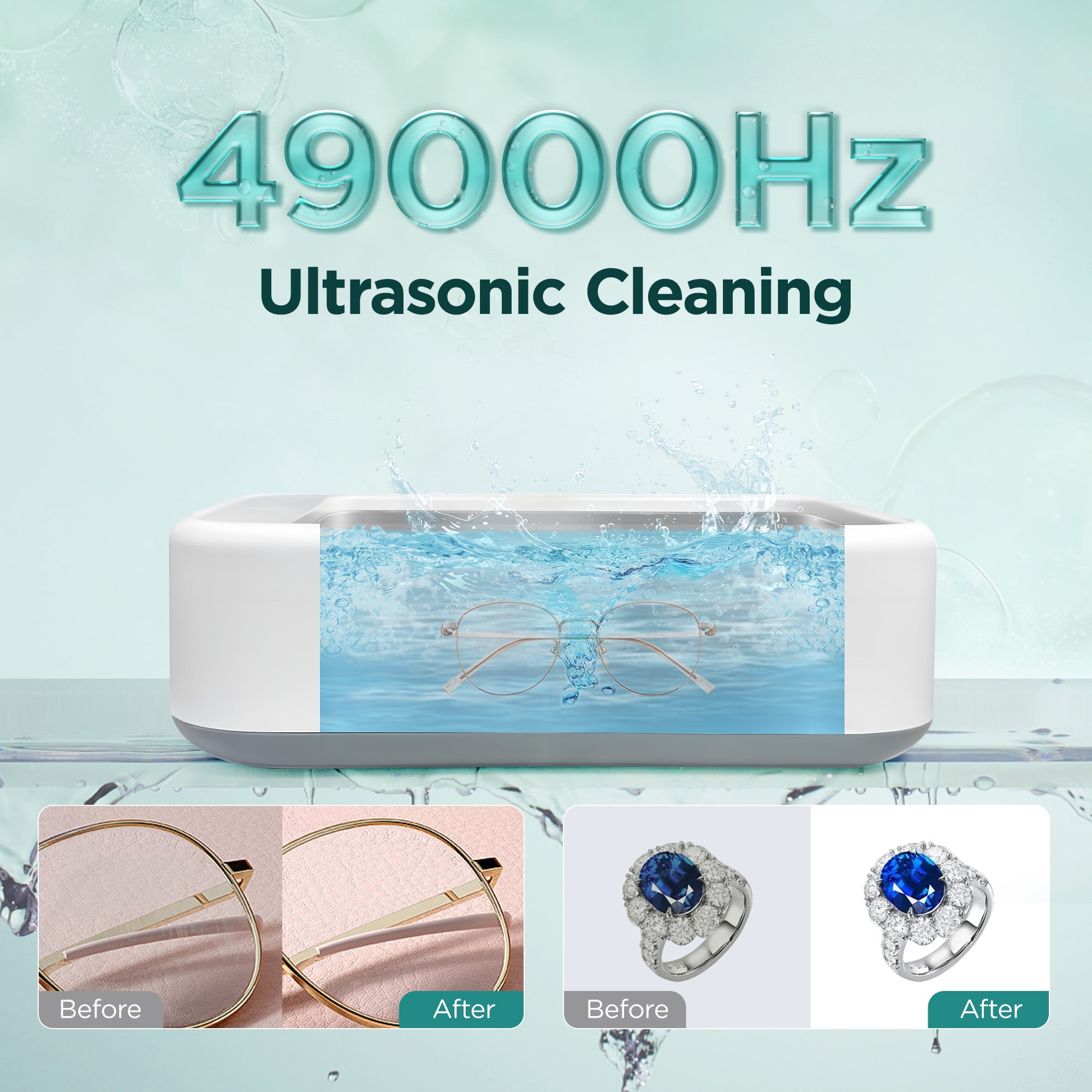 Ultraschallreiniger mit Brille und Ring, Vorher/Nachher-Vergleich.