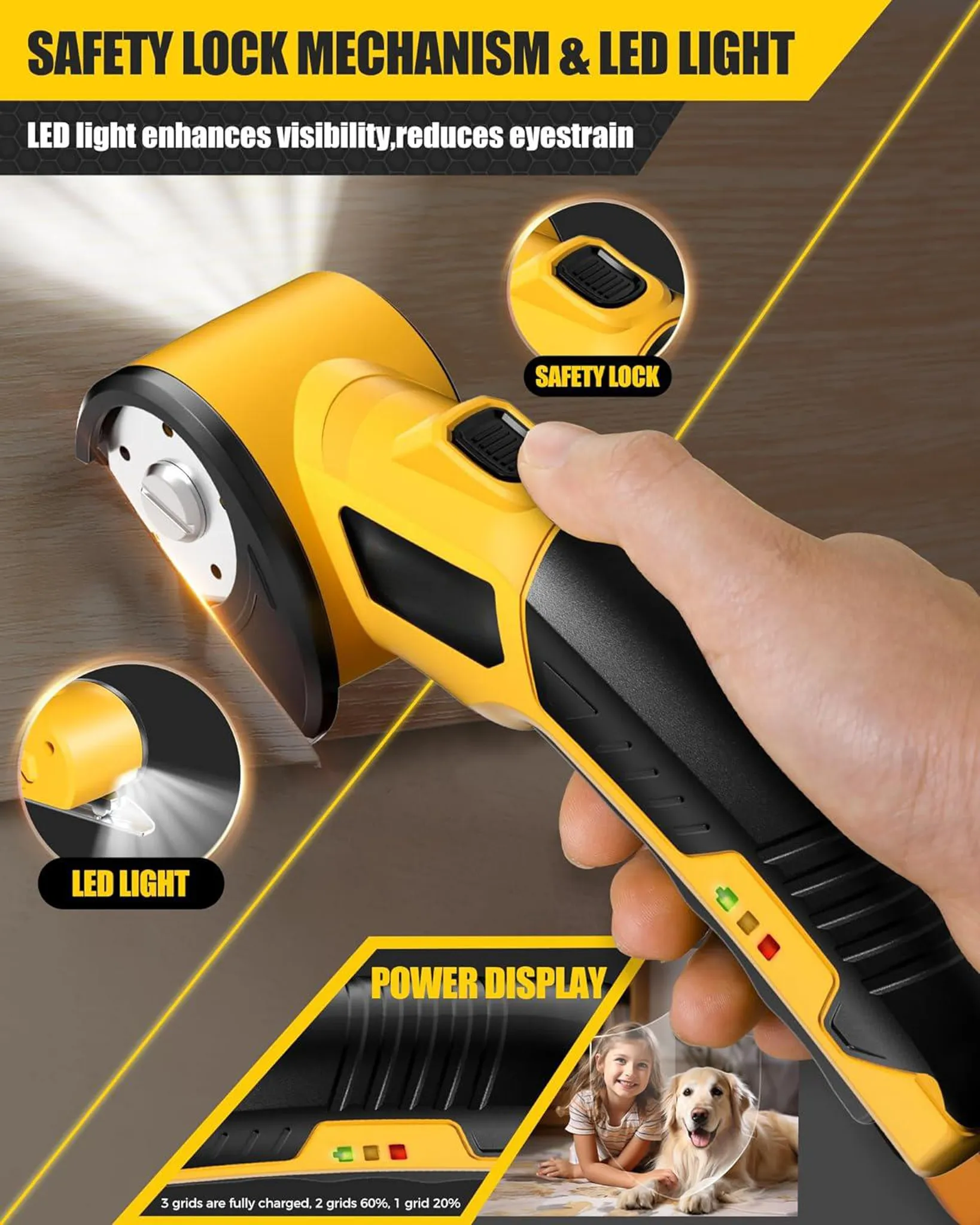 Gelbe Leuchte mit Sicherheitsschloss und LED-Licht, mit Leistungsmesser.