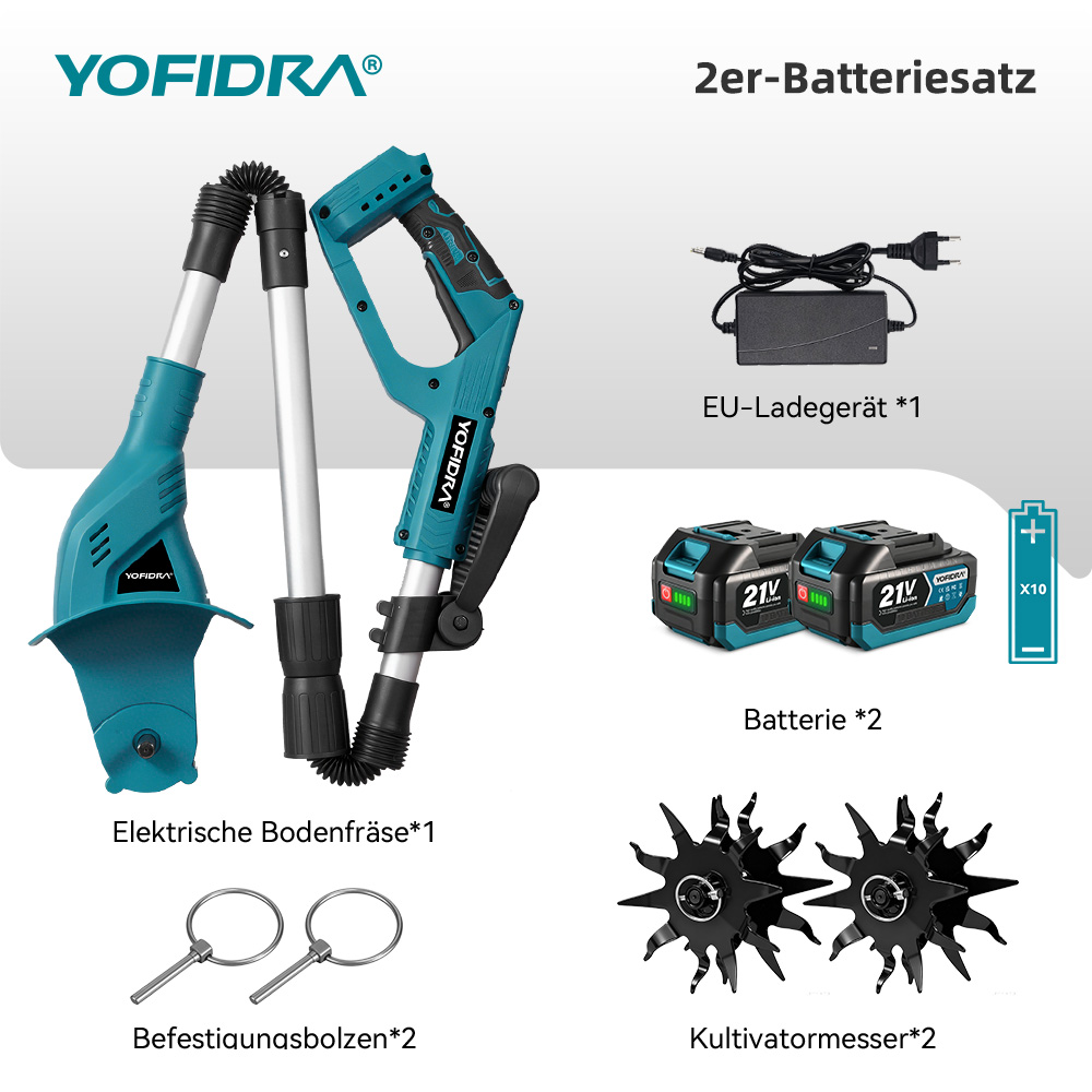 Ein türkisfarbener elektrischer Bodenfräse-Bausatz mit Akkus, Ladegerät und Werkzeugen.