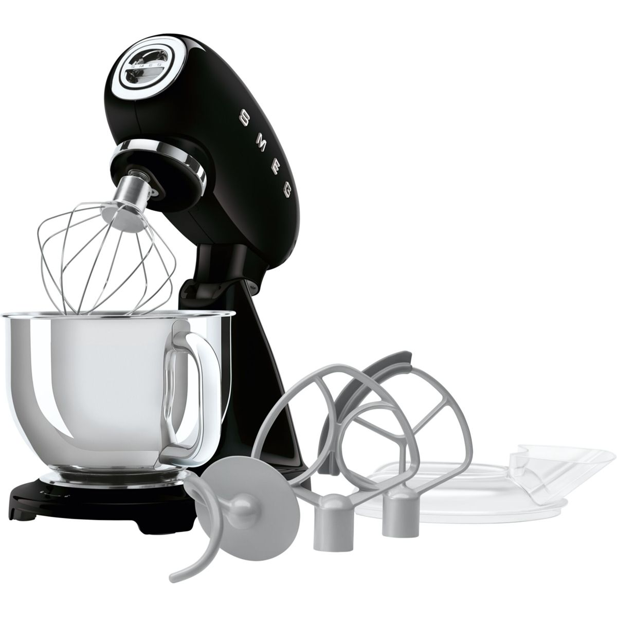 Batidora amasadora SMEG negra con varillas, bol y accesorios.