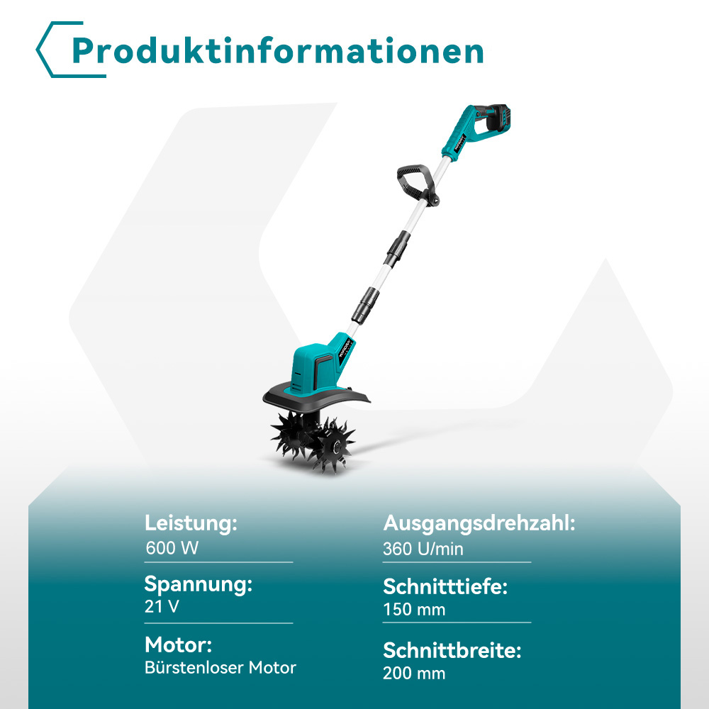 Ein grünes und schwarzes Elektrogartengerät mit technischen Daten.