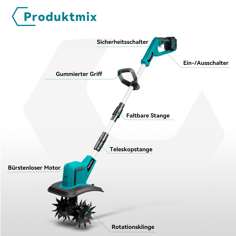 Ein türkiser Elektrokultivator mit rotierenden Klingen, Teleskopstange und Griff.