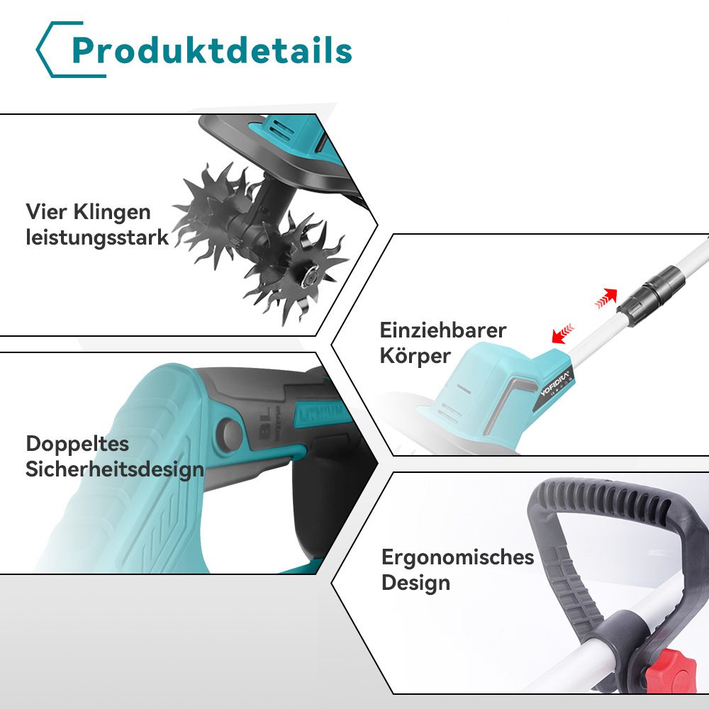 Produktbild mit vier Details: Klingen, einziehbarer Körper, Sicherheit und Griff.