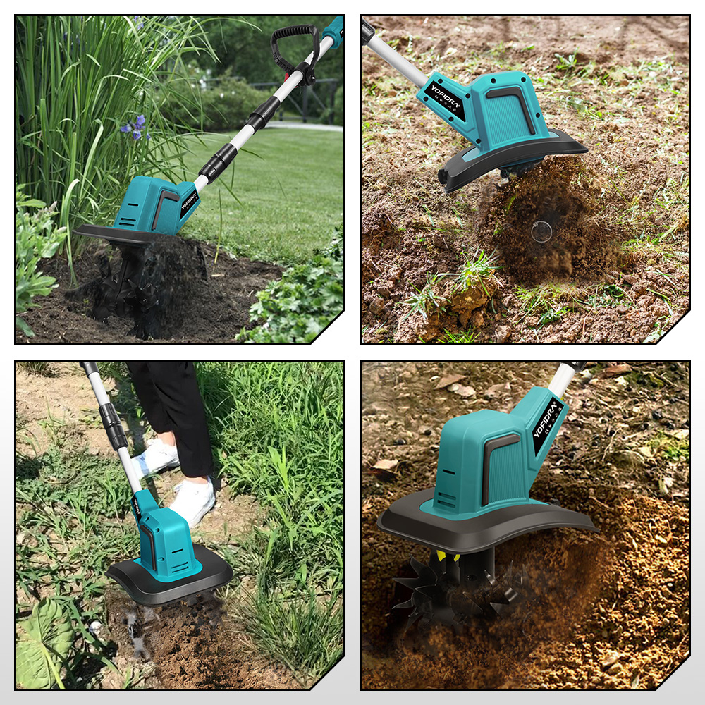 Ein grüner Motorhacke bearbeitet den Boden in vier verschiedenen Gartenszenarien.