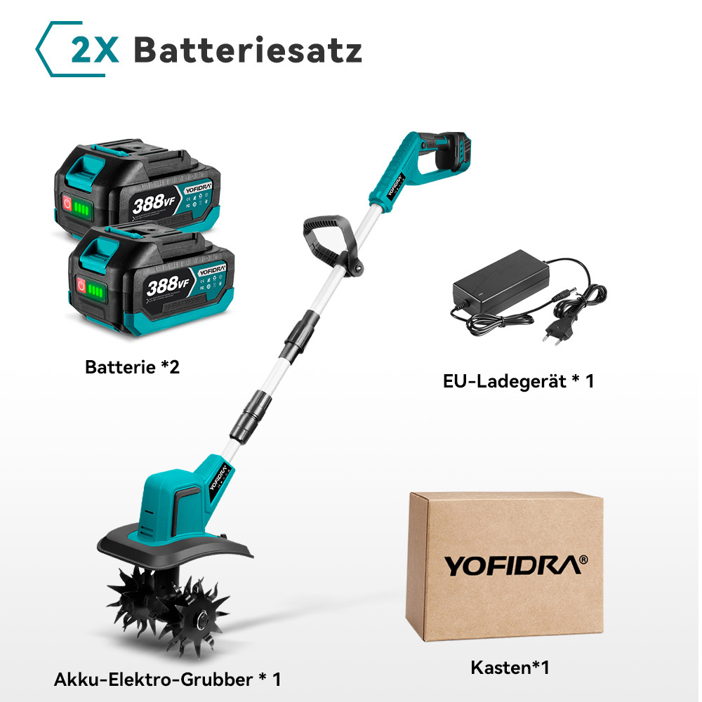 Ein Akku-Grubber-Set mit zwei Akkus, Ladegerät und Karton.